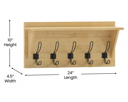 BLNK Daly Wall Mounted Solid Pine Wood Storage Rack with Upper Shelf and 5 Hooks - Bamboo