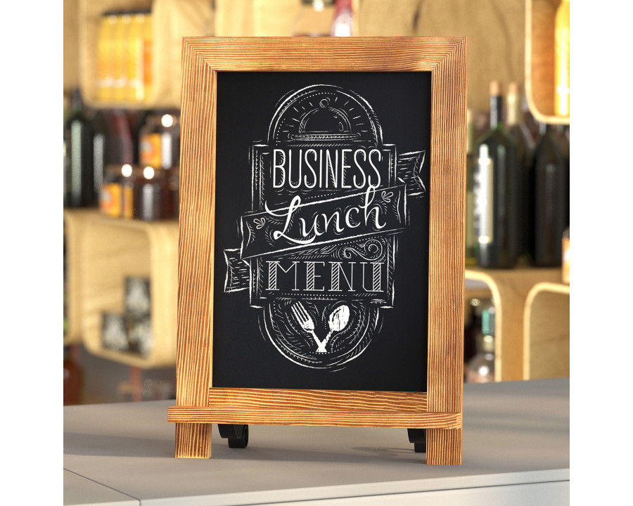 BLNK Canterbury Torched Wood Tabletop Magnetic Chalkboard Sign with Metal Scrolled Legs - 9.5"W x 14"H