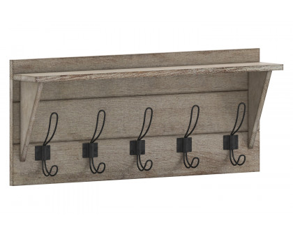 BLNK Daly Wall Mounted Solid Pine Wood Storage Rack with Upper Shelf and 5 Hooks - Weathered