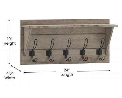 BLNK Daly Wall Mounted Solid Pine Wood Storage Rack with Upper Shelf and 5 Hooks - Weathered