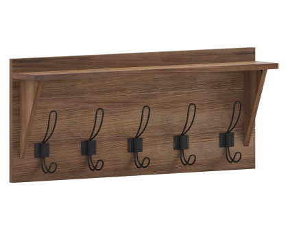 BLNK™ Daly Wall Mounted Solid Pine Wood Storage Rack with Upper Shelf and 5 Hooks - Rustic Brown