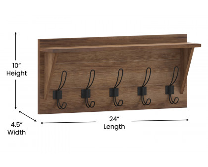 BLNK™ Daly Wall Mounted Solid Pine Wood Storage Rack with Upper Shelf and 5 Hooks - Rustic Brown