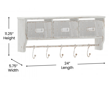 BLNK Daly Wall Mounted Solid Pine Wood Storage Rack with Upper Shelf, 5 Hooks and Wire Baskets - Whitewashed