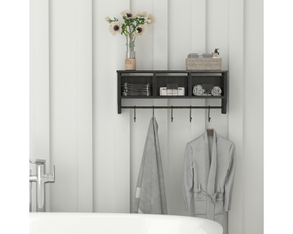 BLNK Daly Wall Mounted Solid Pine Wood Storage Rack with Upper Shelf, 5 Hooks and Wire Baskets - Blackwashed