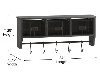 BLNK Daly Wall Mounted Solid Pine Wood Storage Rack with Upper Shelf, 5 Hooks and Wire Baskets - Blackwashed