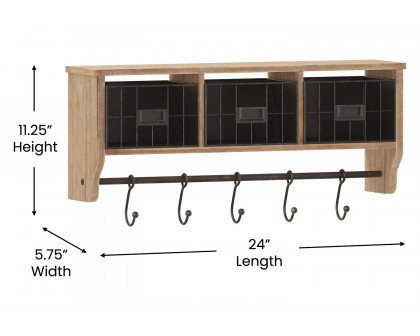 BLNK Daly Wall Mounted Solid Pine Wood Storage Rack with Upper Shelf, 5 Hooks and Wire Baskets - Rustic Brown