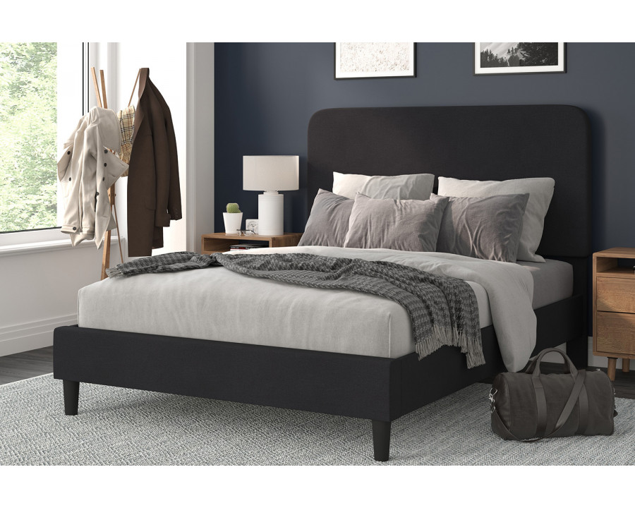 BLNK - Addison Charcoal Fabric Upholstered Platform Bed, Headboard with Rounded Edges