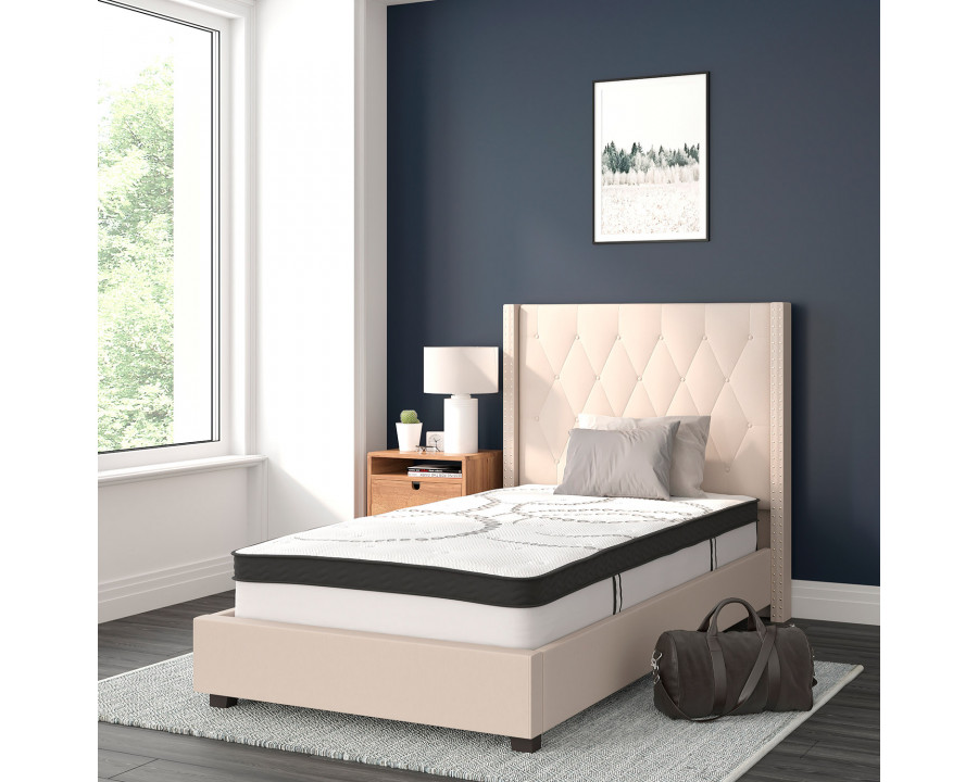 BLNK Riverdale Tufted Upholstered Platform Bed with 10" CertiPUR-US Certified Pocket Spring Mattress - Beige, Twin Size