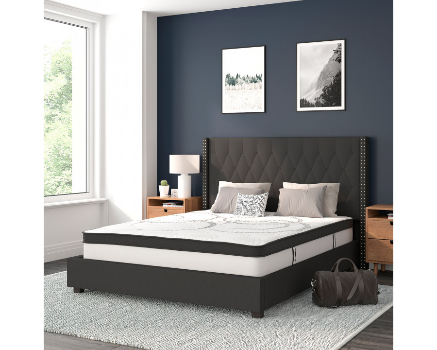 BLNK Riverdale Tufted Upholstered Platform Bed with 10" CertiPUR-US Certified Pocket Spring Mattress - Black, Queen Size