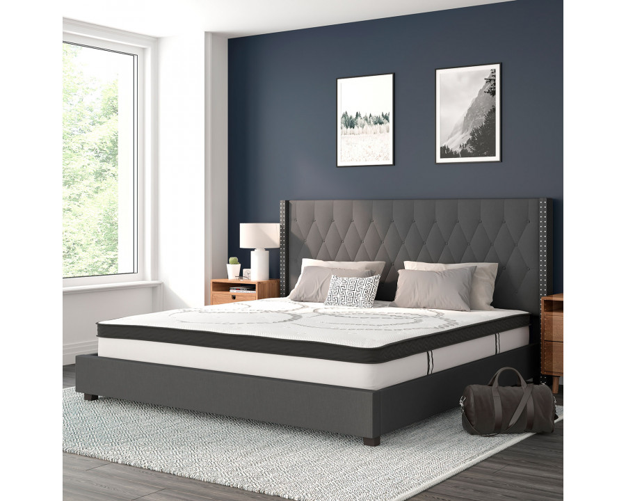 BLNK Riverdale Tufted Upholstered Platform Bed with 10" CertiPUR-US Certified Pocket Spring Mattress - Dark Gray, King Size