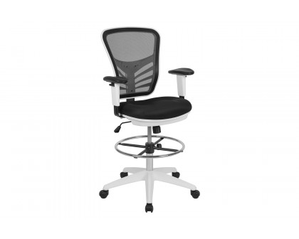 BLNK Tyler Mid-Back Mesh Ergonomic Drafting Chair with Adjustable Chrome Foot Ring, Adjustable Arms and White Frame - Black