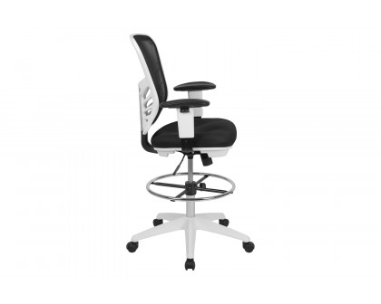 BLNK Tyler Mid-Back Mesh Ergonomic Drafting Chair with Adjustable Chrome Foot Ring, Adjustable Arms and White Frame - Black