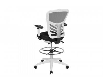 BLNK Tyler Mid-Back Mesh Ergonomic Drafting Chair with Adjustable Chrome Foot Ring, Adjustable Arms and White Frame - Black