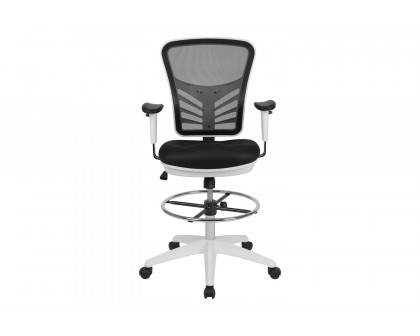 BLNK Tyler Mid-Back Mesh Ergonomic Drafting Chair with Adjustable Chrome Foot Ring, Adjustable Arms and White Frame - Black