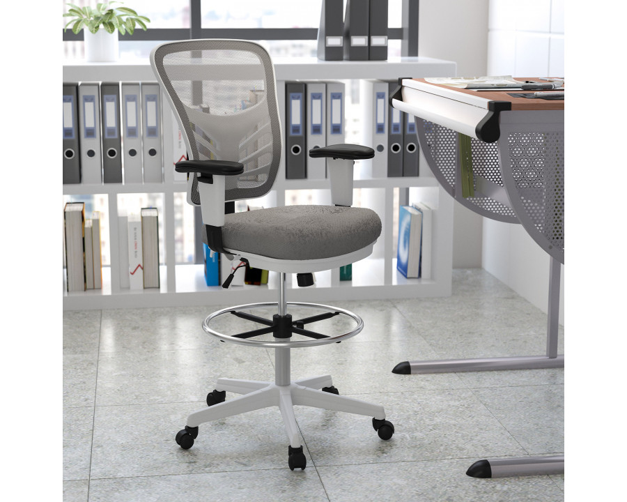 BLNK Tyler Mid-Back Mesh Ergonomic Drafting Chair with Adjustable Chrome Foot Ring, Adjustable Arms and White Frame