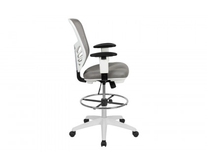 BLNK Tyler Mid-Back Mesh Ergonomic Drafting Chair with Adjustable Chrome Foot Ring, Adjustable Arms and White Frame - Light Gray