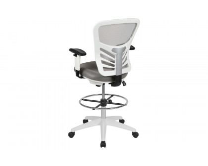 BLNK Tyler Mid-Back Mesh Ergonomic Drafting Chair with Adjustable Chrome Foot Ring, Adjustable Arms and White Frame - Light Gray