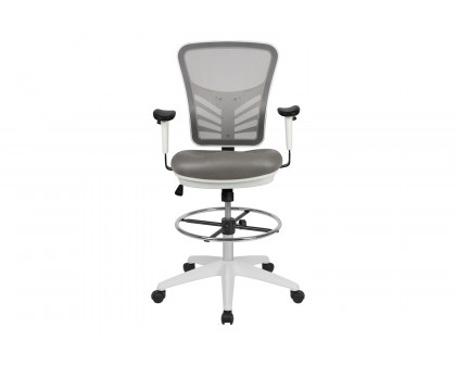 BLNK Tyler Mid-Back Mesh Ergonomic Drafting Chair with Adjustable Chrome Foot Ring, Adjustable Arms and White Frame - Light Gray