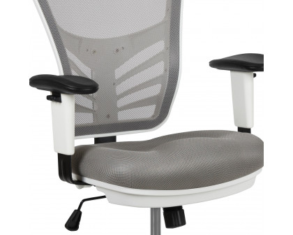 BLNK Tyler Mid-Back Mesh Ergonomic Drafting Chair with Adjustable Chrome Foot Ring, Adjustable Arms and White Frame - Light Gray