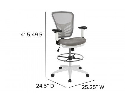 BLNK Tyler Mid-Back Mesh Ergonomic Drafting Chair with Adjustable Chrome Foot Ring, Adjustable Arms and White Frame - Light Gray