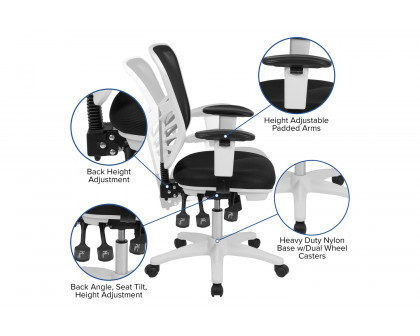 BLNK Nicholas Mid-Back Mesh Multifunction Executive Swivel Ergonomic Office Chair with Adjustable Arms and White Frame - Black