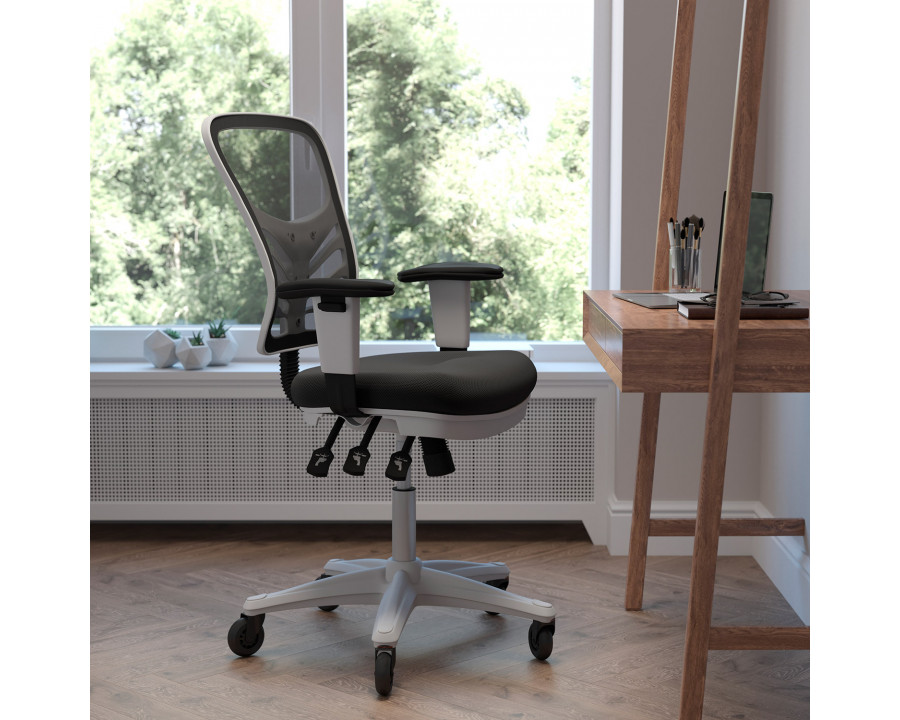 BLNK Nicholas Mid-Back Mesh Multifunction Executive Swivel Ergonomic Office Chair with Adjustable Arms, Transparent Roller Wheels, and White Frame