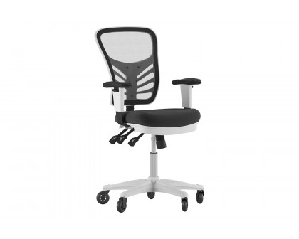 BLNK Nicholas Mid-Back Mesh Multifunction Executive Swivel Ergonomic Office Chair with Adjustable Arms, Transparent Roller Wheels, and White Frame - Black