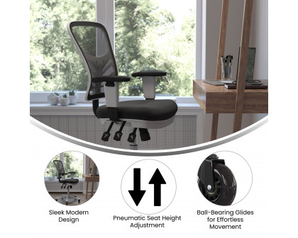 BLNK Nicholas Mid-Back Mesh Multifunction Executive Swivel Ergonomic Office Chair with Adjustable Arms, Transparent Roller Wheels, and White Frame - Black