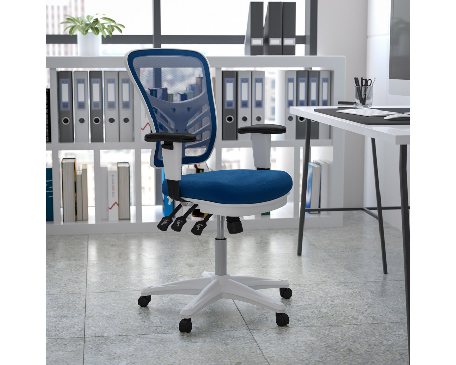 BLNK Nicholas Mid-Back Mesh Multifunction Executive Swivel Ergonomic Office Chair with Adjustable Arms and White Frame - Blue