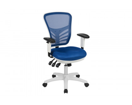 BLNK Nicholas Mid-Back Mesh Multifunction Executive Swivel Ergonomic Office Chair with Adjustable Arms and White Frame - Blue