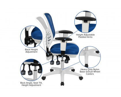 BLNK Nicholas Mid-Back Mesh Multifunction Executive Swivel Ergonomic Office Chair with Adjustable Arms and White Frame - Blue