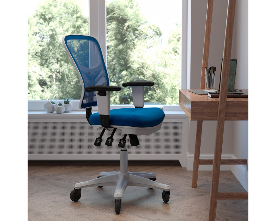 BLNK Nicholas Mid-Back Mesh Multifunction Executive Swivel Ergonomic Office Chair with Adjustable Arms, Transparent Roller Wheels, and White Frame - Blue