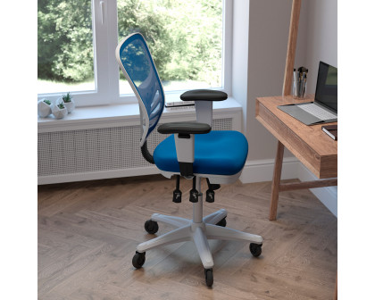 BLNK Nicholas Mid-Back Mesh Multifunction Executive Swivel Ergonomic Office Chair with Adjustable Arms, Transparent Roller Wheels, and White Frame - Blue