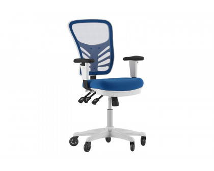 BLNK Nicholas Mid-Back Mesh Multifunction Executive Swivel Ergonomic Office Chair with Adjustable Arms, Transparent Roller Wheels, and White Frame - Blue