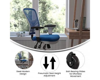 BLNK Nicholas Mid-Back Mesh Multifunction Executive Swivel Ergonomic Office Chair with Adjustable Arms, Transparent Roller Wheels, and White Frame - Blue