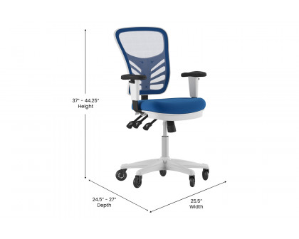 BLNK Nicholas Mid-Back Mesh Multifunction Executive Swivel Ergonomic Office Chair with Adjustable Arms, Transparent Roller Wheels, and White Frame - Blue