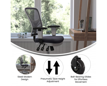 BLNK Nicholas Mid-Back Mesh Multifunction Executive Swivel Ergonomic Office Chair with Adjustable Arms, Transparent Roller Wheels, and White Frame - Dark Gray