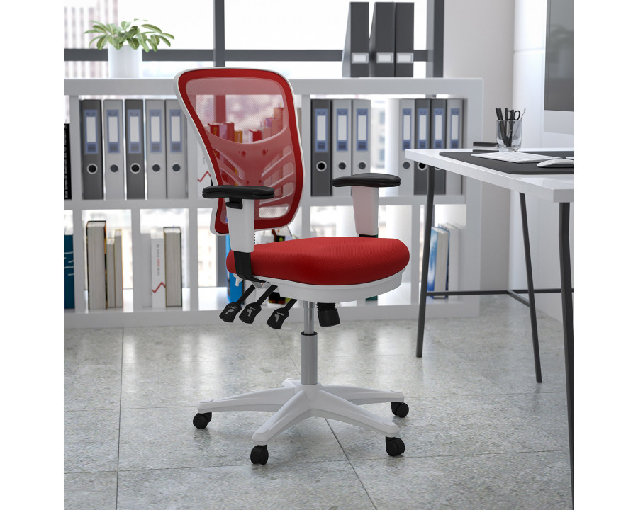 BLNK Nicholas Mid-Back Mesh Multifunction Executive Swivel Ergonomic Office Chair with Adjustable Arms and White Frame - Red