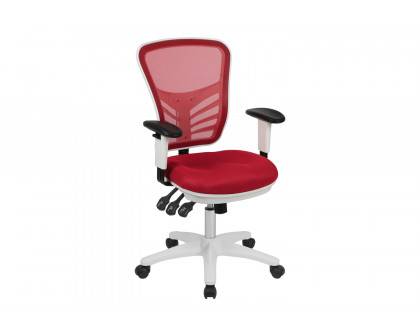 BLNK Nicholas Mid-Back Mesh Multifunction Executive Swivel Ergonomic Office Chair with Adjustable Arms and White Frame - Red