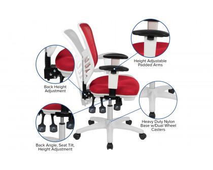 BLNK Nicholas Mid-Back Mesh Multifunction Executive Swivel Ergonomic Office Chair with Adjustable Arms and White Frame - Red