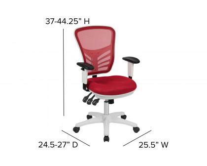 BLNK Nicholas Mid-Back Mesh Multifunction Executive Swivel Ergonomic Office Chair with Adjustable Arms and White Frame - Red