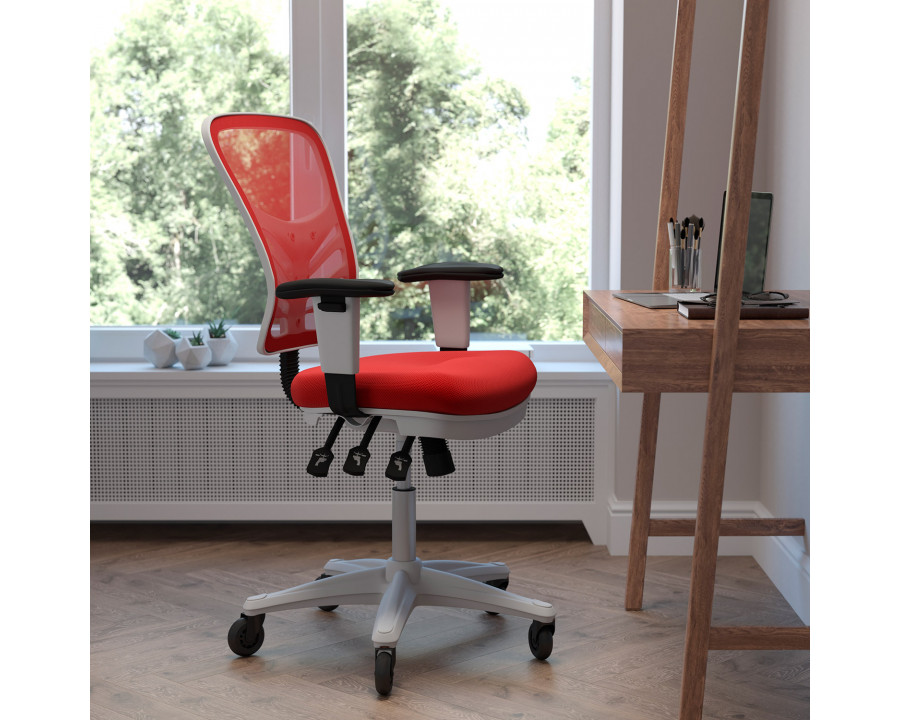 BLNK Nicholas Mid-Back Mesh Multifunction Executive Swivel Ergonomic Office Chair with Adjustable Arms, Transparent Roller Wheels, and White Frame - Red