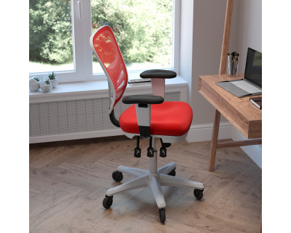 BLNK Nicholas Mid-Back Mesh Multifunction Executive Swivel Ergonomic Office Chair with Adjustable Arms, Transparent Roller Wheels, and White Frame - Red