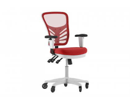 BLNK Nicholas Mid-Back Mesh Multifunction Executive Swivel Ergonomic Office Chair with Adjustable Arms, Transparent Roller Wheels, and White Frame - Red