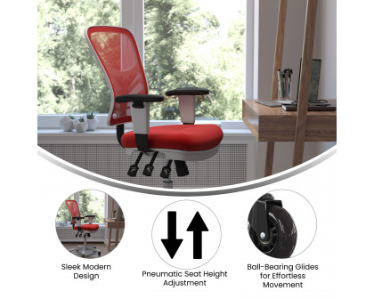 BLNK Nicholas Mid-Back Mesh Multifunction Executive Swivel Ergonomic Office Chair with Adjustable Arms, Transparent Roller Wheels, and White Frame - Red