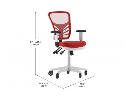 BLNK Nicholas Mid-Back Mesh Multifunction Executive Swivel Ergonomic Office Chair with Adjustable Arms, Transparent Roller Wheels, and White Frame - Red