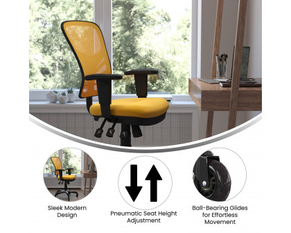 BLNK Nicholas Mid-Back Mesh Multifunction Executive Swivel Ergonomic Office Chair with Adjustable Arms and Transparent Roller Wheels - Yellow/Orange