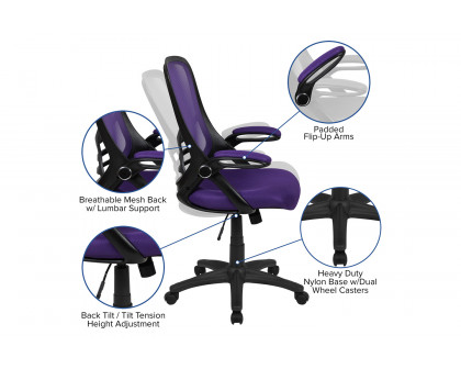 BLNK Porter High-Back Mesh Ergonomic Swivel Office Chair with Black Frame and Flip-up Arms - Purple