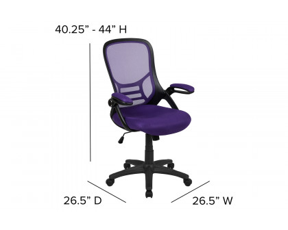 BLNK Porter High-Back Mesh Ergonomic Swivel Office Chair with Black Frame and Flip-up Arms - Purple