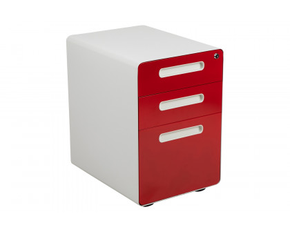 BLNK Wren Ergonomic 3-Drawer Mobile Locking Filing Cabinet with Anti-Tilt Mechanism and Letter-Legal Drawer - White/Red